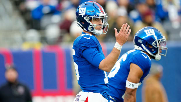 New York Giants quarterback Tommy DeVito (15) is shown as his teammates play the New England Patriots, Sunday, November 26, 2023.